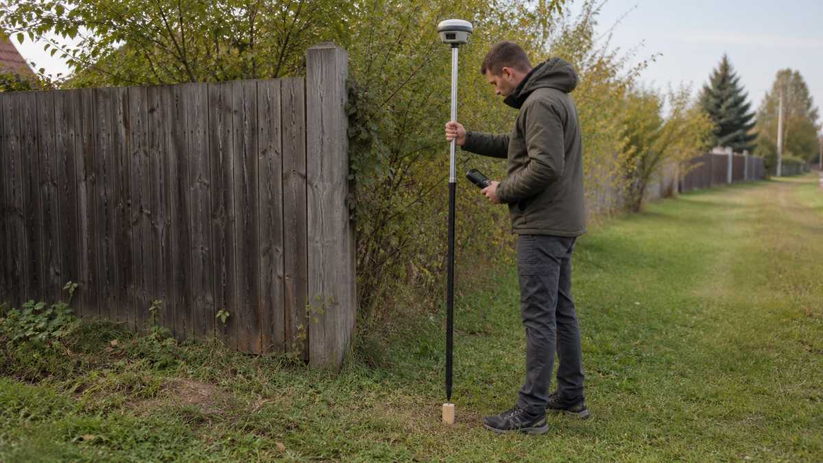 Геодезист фиксирует характерную точку границы участка GNSS-приемником