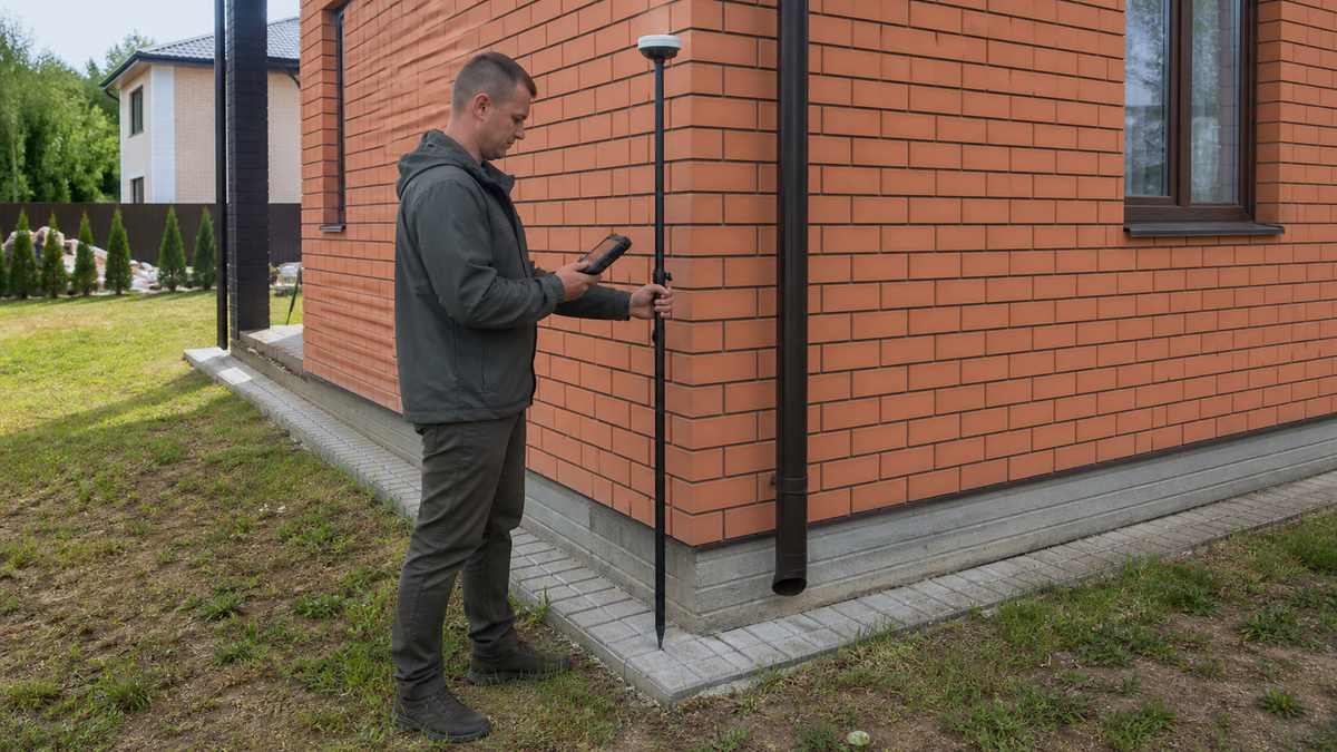 Специалист выполняет геодезическую проверку рядом с домом и границей участка