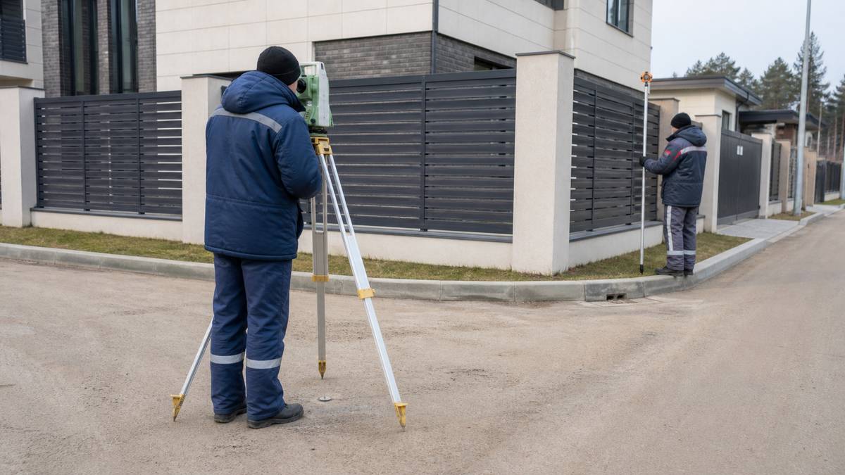 Кадастровый инженер измеряет точки границ при образовании участка